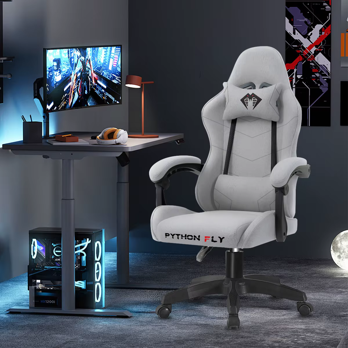 180-degree reclining gaming chair, suitable for long-term, ergonomics, fabric, light gray