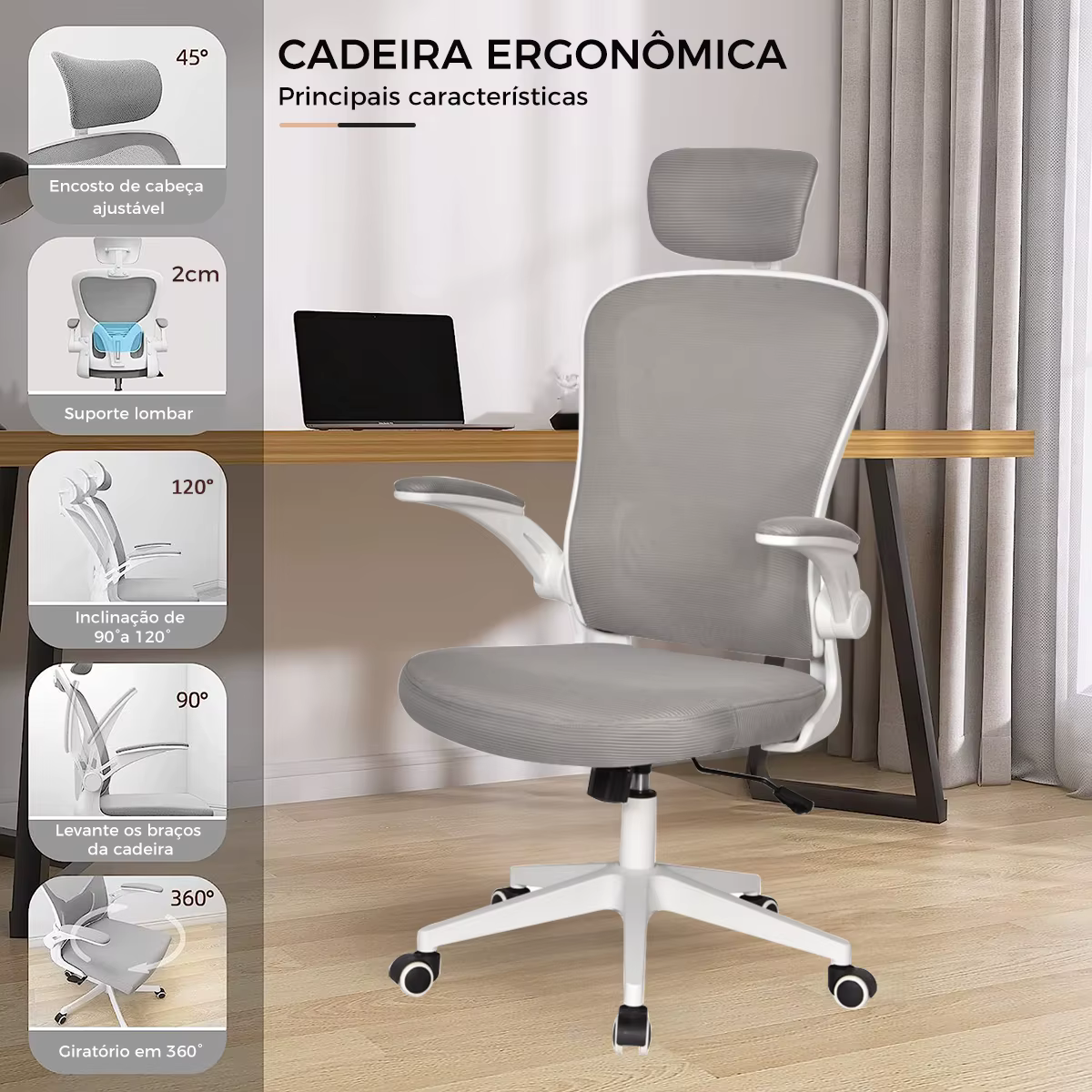 Office Chair, Ergonomic Design with Independent Lumbar Support, Breathable Mesh and Adjustable Headrest (Grey