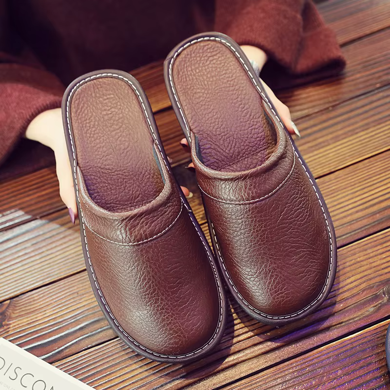 Cheap Home Slides Slipper Men Indoor Fur PU Leather Mule Mens Autumn House Flip Flops Male Husband Guest Slippers Big Size 47 48