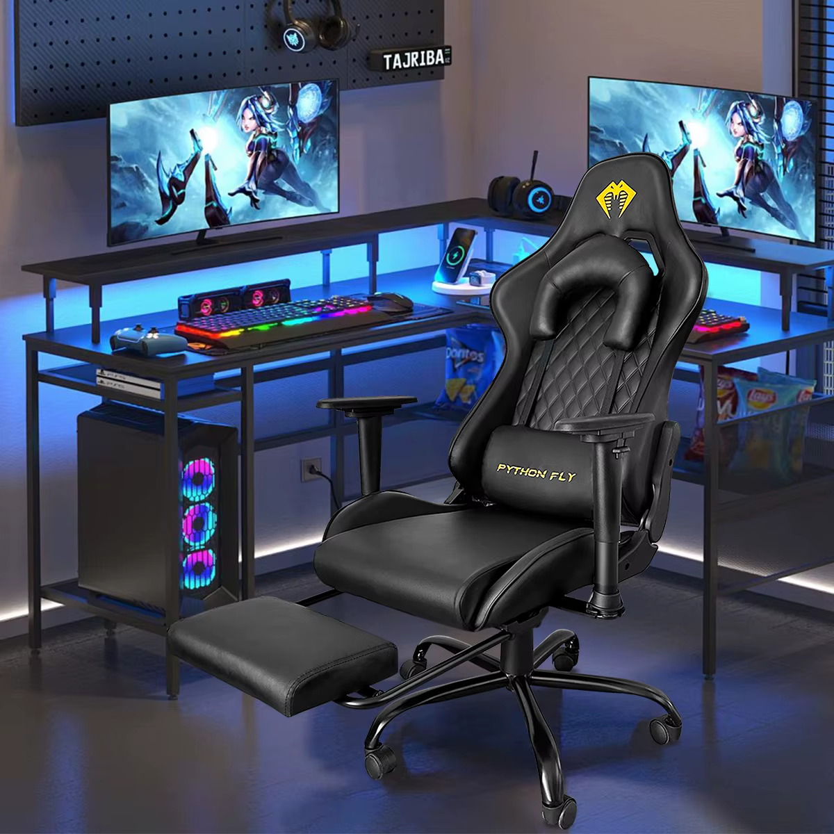 Latest Generation Gaming Chair 180 Degree Reclining Ergonomic Chair with Foot Support Black