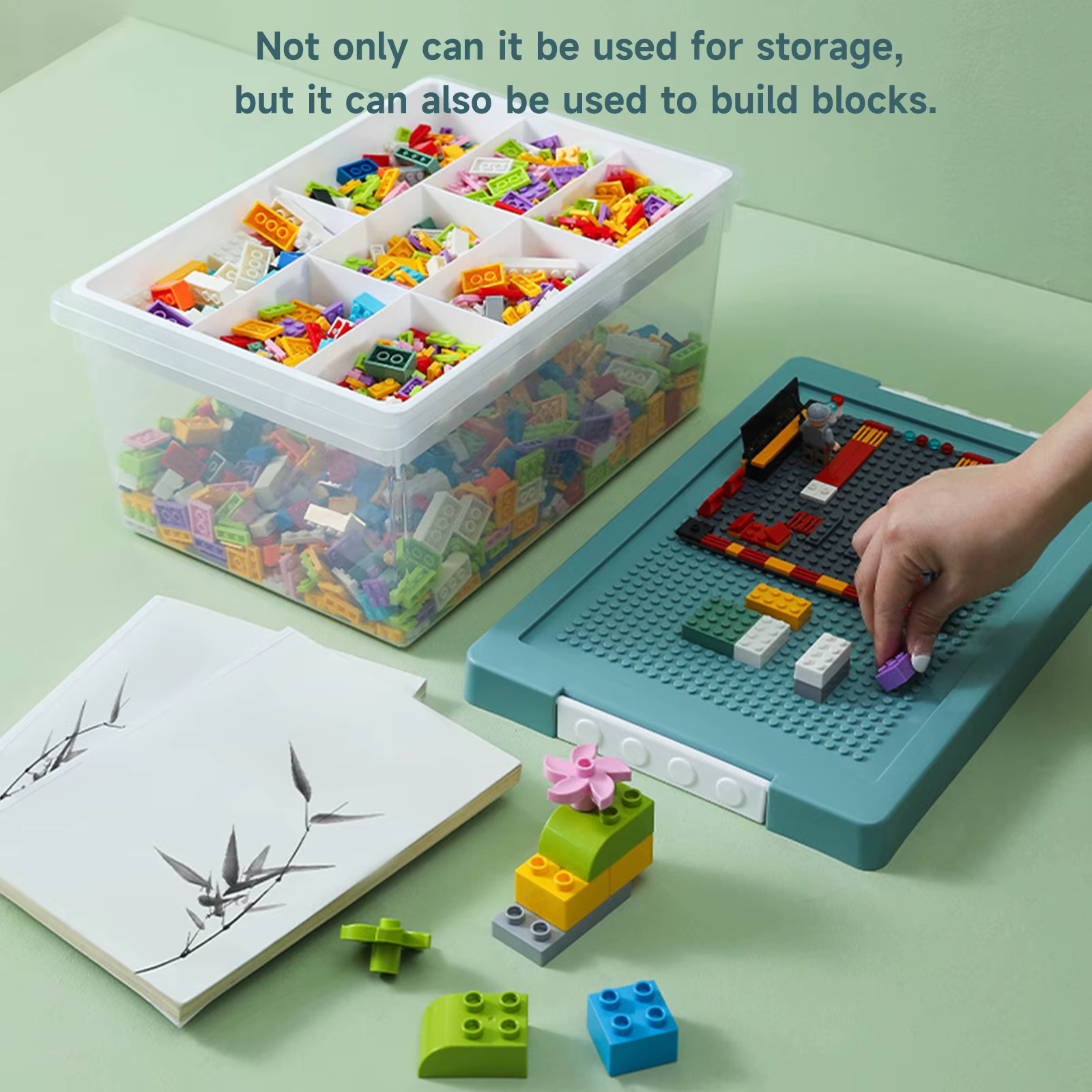 Building Blocks Toys Storage Box with Lid & Dividers Plastic Kids Bin baby Toys Containers Sundries Stackable Organizer