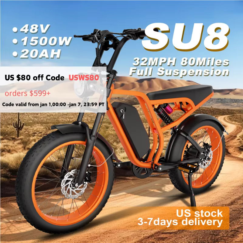 SU8 Model Electric Bike: 48V 1500W Motor, 35MPH Speed, 75-Mile Range, Detachable Battery"