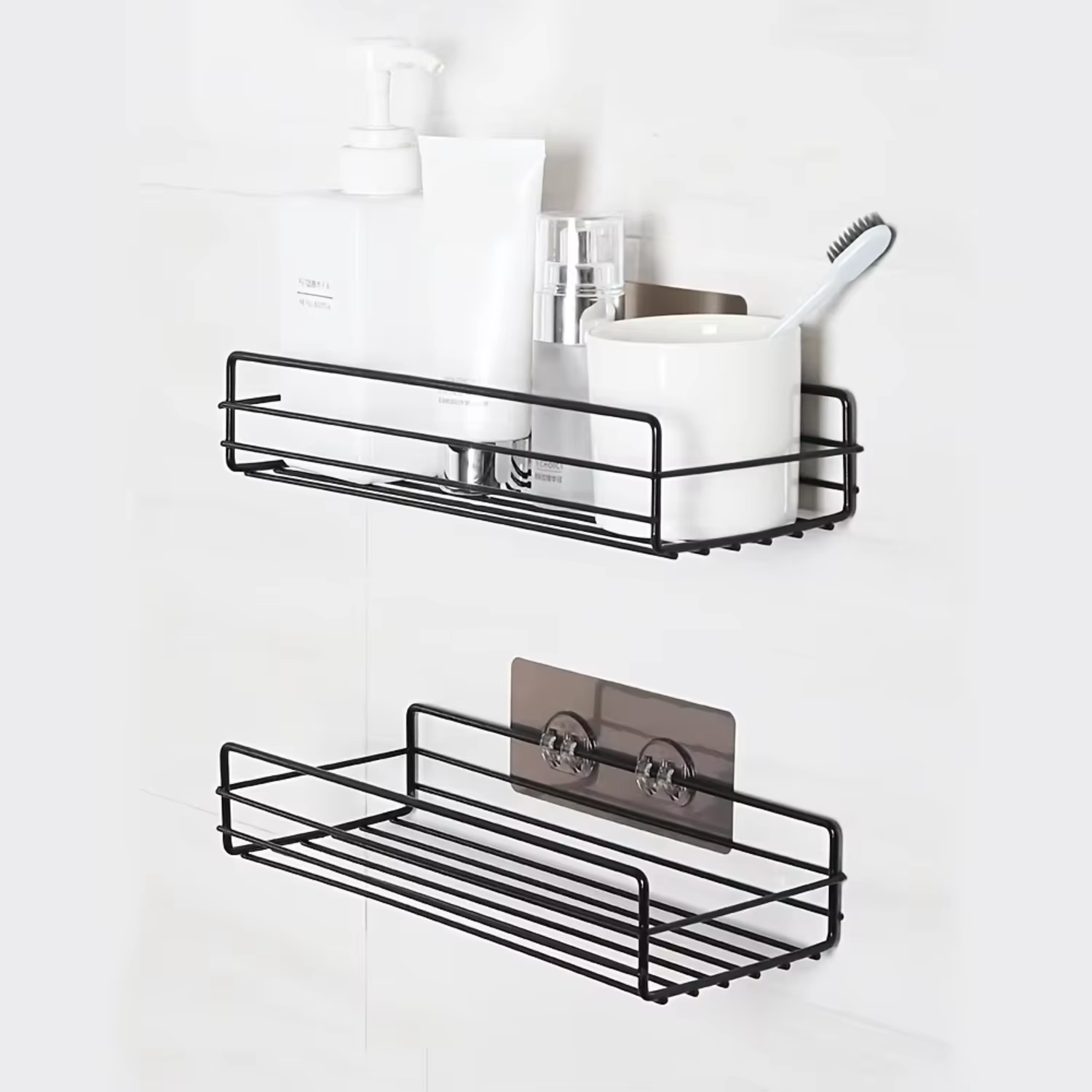 Large Capacity rust-free stainless steel bathroom holder adhesive shower top 2 hook basket rack no drilling 1 dog