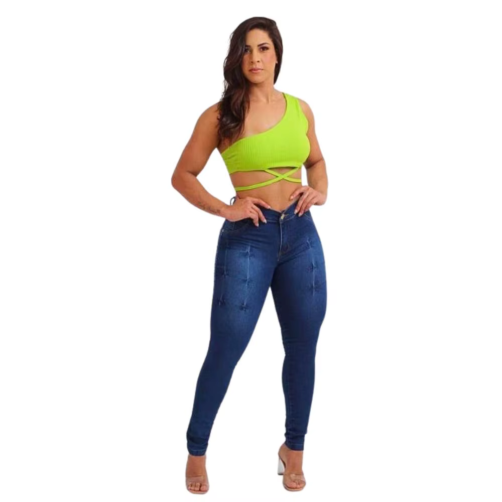 Calça Jeans Skinny Com Lycra Cós Alto Empina Bumbum
