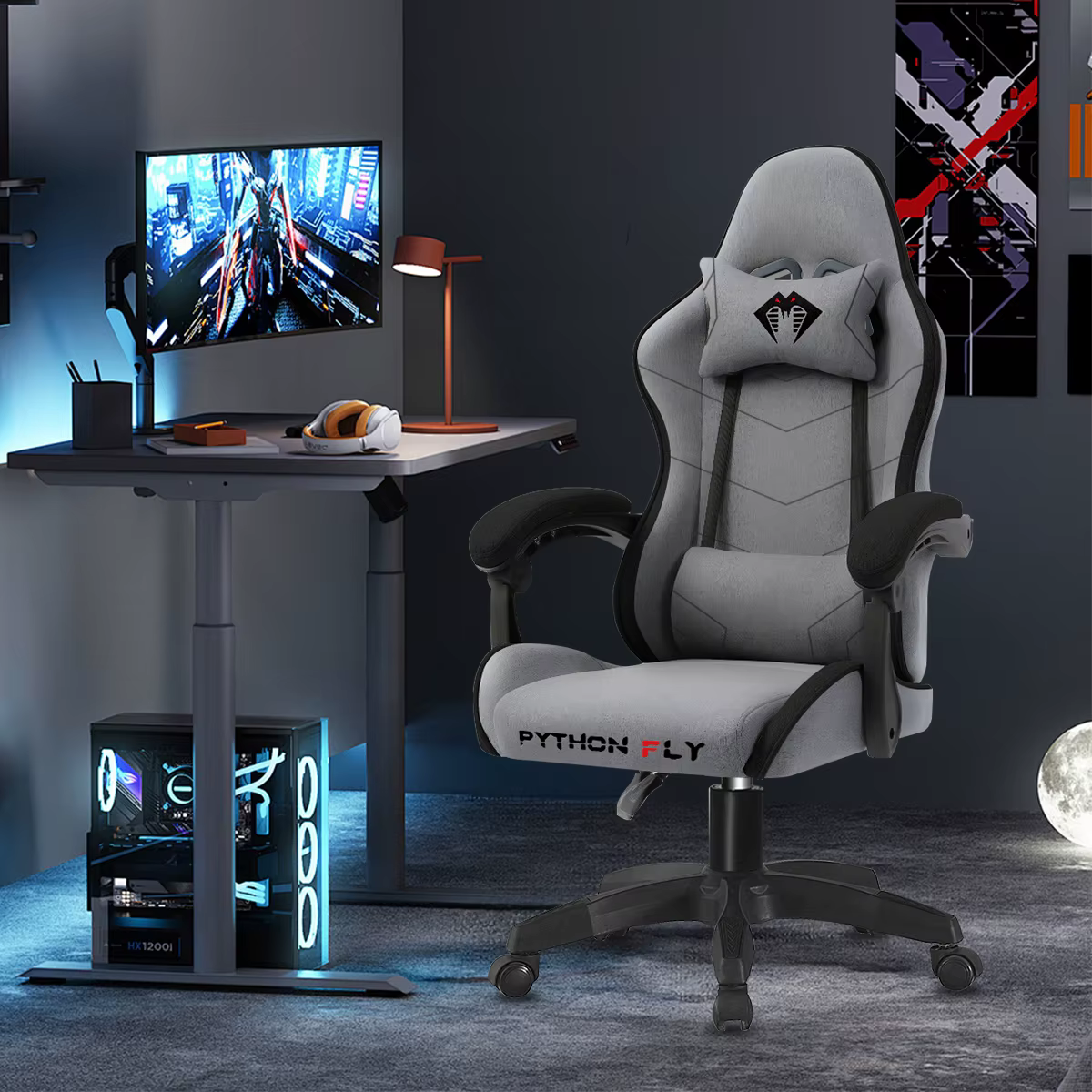 180-degree reclining gaming chair, suitable for long-term sitting ergonomics, gray fabric
