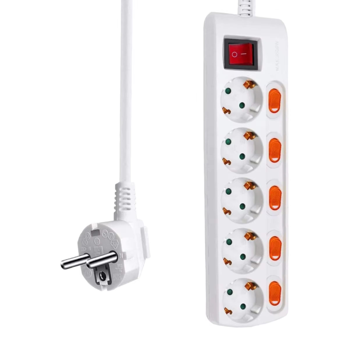 Single switch power strip 1 main switch, 3680W, 250V, 1.5M, White