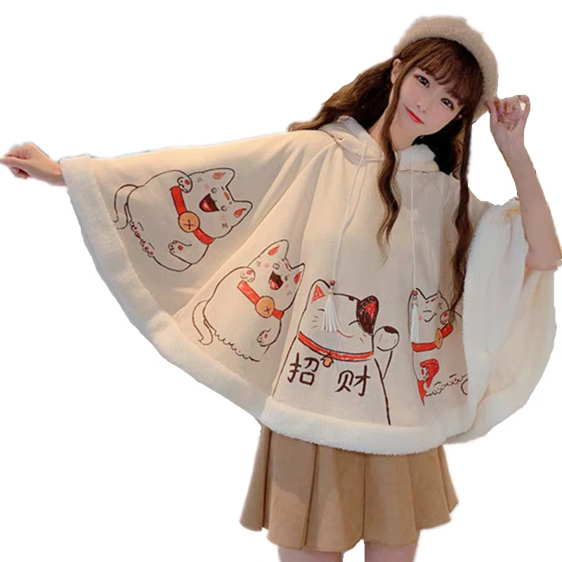 2024 Spring Autumn Cloak Harajuku Kawaii Ears Hooded Outwear Japanese Lucky Cat Fleece Cape Loose Pullover Batwing Sleeve Top