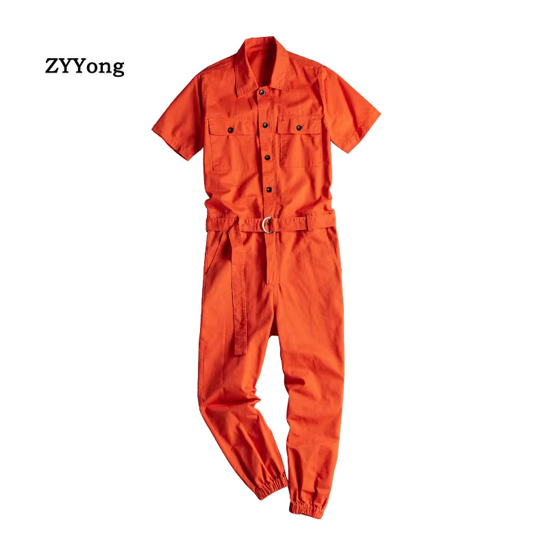 ZYYong Summer Men's Orange Short-Sleeved Jumpsuit Hip Hop Casual Multi-Pocket Solid Color Men's Overalls Fashion Men's Trousers