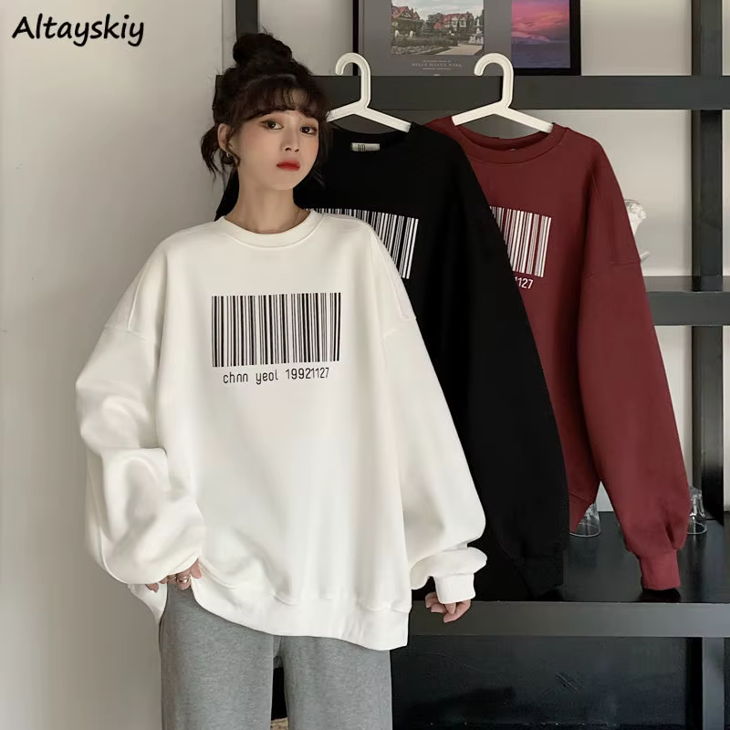 Hoodies Women White Couple Simple Ulzzang Print Pullovers Casual All-match Students Sweatshirts Chic New Autumn Ins Lady Clothes