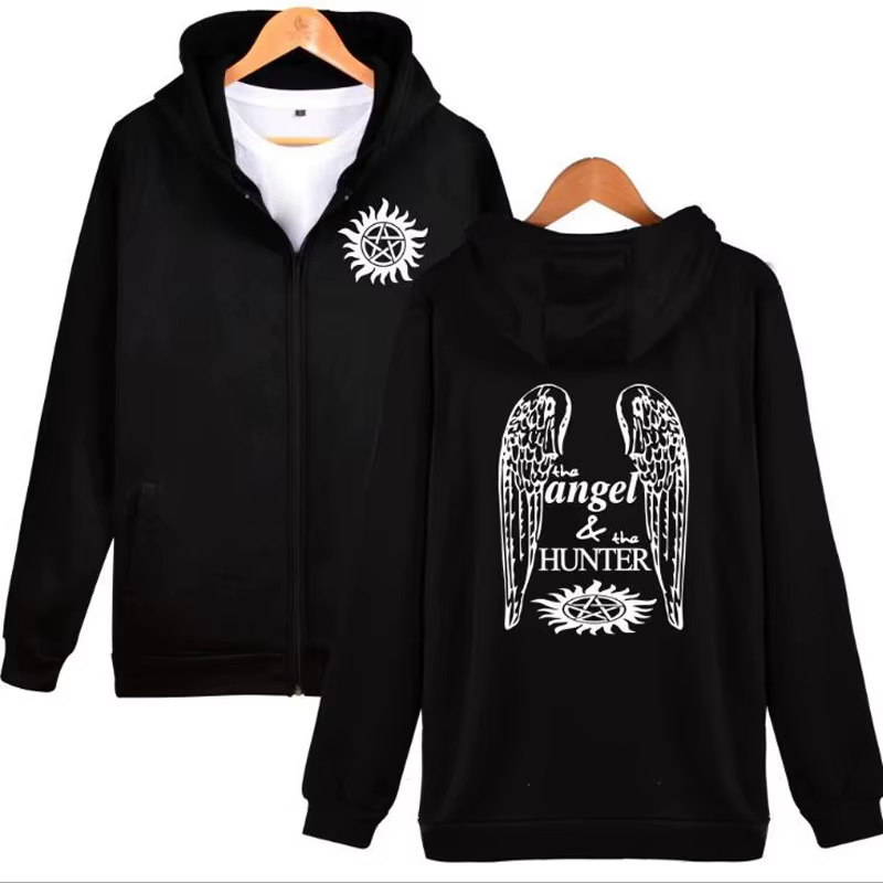 Supernatural Angel and Hunter Oversized Zip Up Hoodie Women Men Harajuku Sweatshirt Streetwear Hip Hop Fleece Hooded Jacket Coat