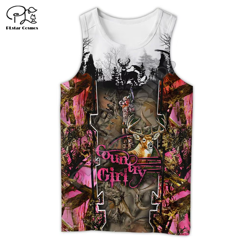 PLstar Cosmos Country Girl Hunter Deer Hunting Animal Tattoo Camo Sleeveless 3DPrint Summer Casual Vest Tank Top Mens Womens D-2