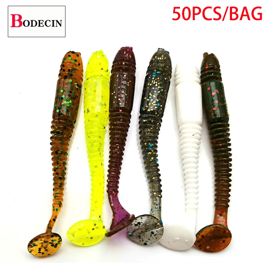 50PCS T Tail Grub Worm Jig Fake/Carp/Artificial/Silicone/Soft Bait For Fishing Tackle/Wobbler/Lure Salt Smell Vibrotail Swimbait