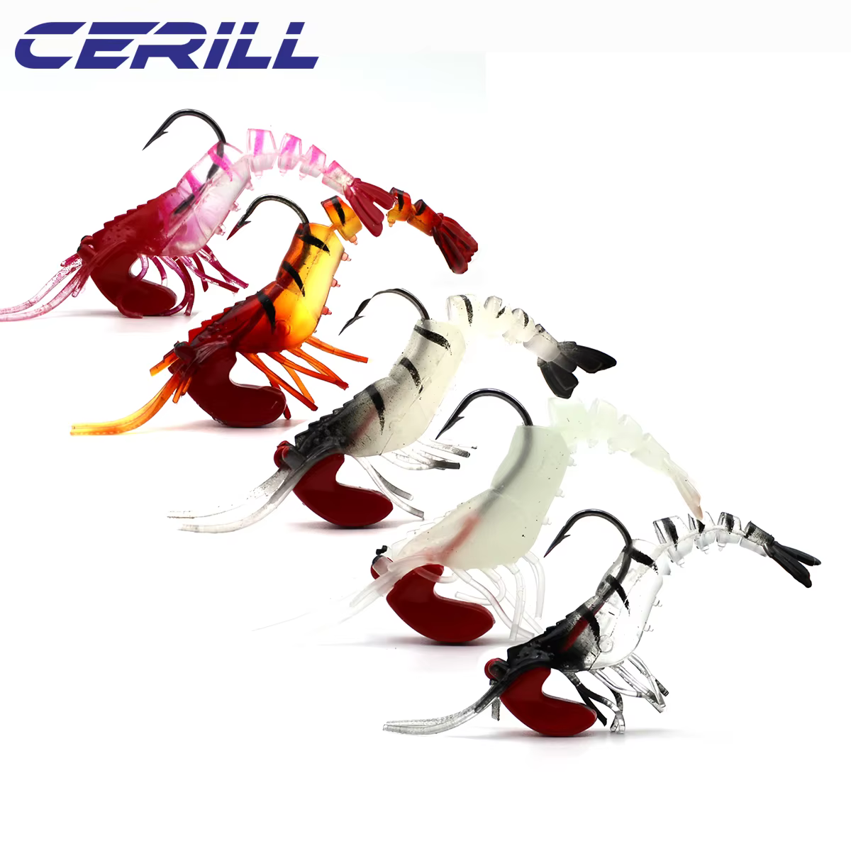 Lot 5 Cerill Luminous Shrimp Soft Worm Bait 12g 7cm Artificial Fishing Lure Jig Head Hook Carp Bass Glow Jigging Swimbait Tackle