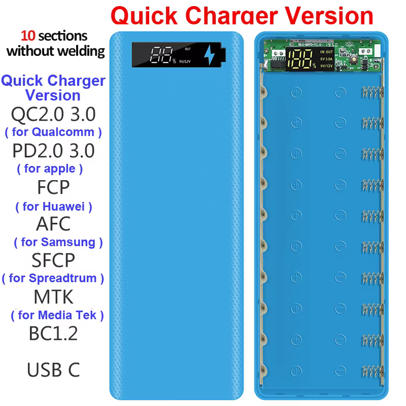 Welding Free 10*18650 Battery Storage Box 2 USB Power Bank Case 5/12V DIY Shell 18650 Battery Holder Case PD QC 3.0 Quick Charge