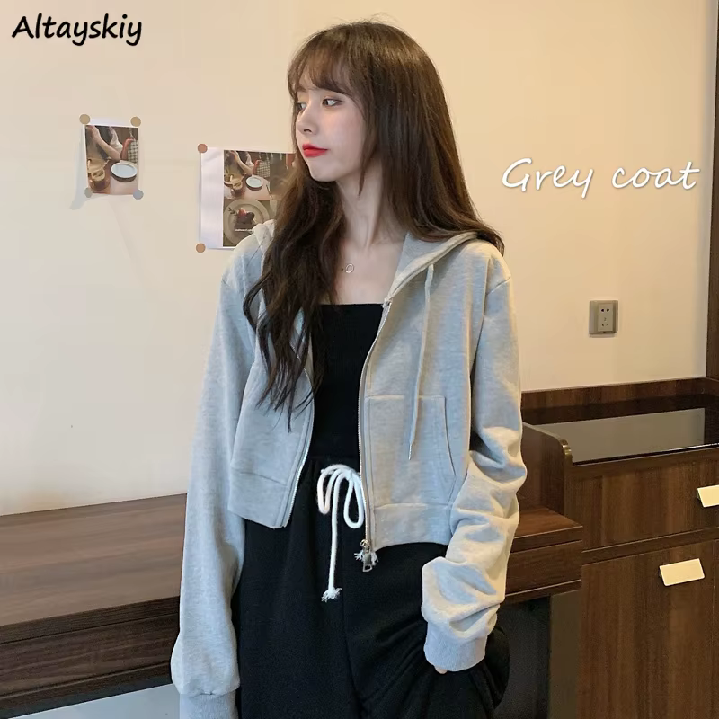 With Hat Hoodies Chic Autumn Trendy Korean Solid Zip-up Ladies Cropped Hoodie All-match Loose Popular Womens Sweatshirts Stylish