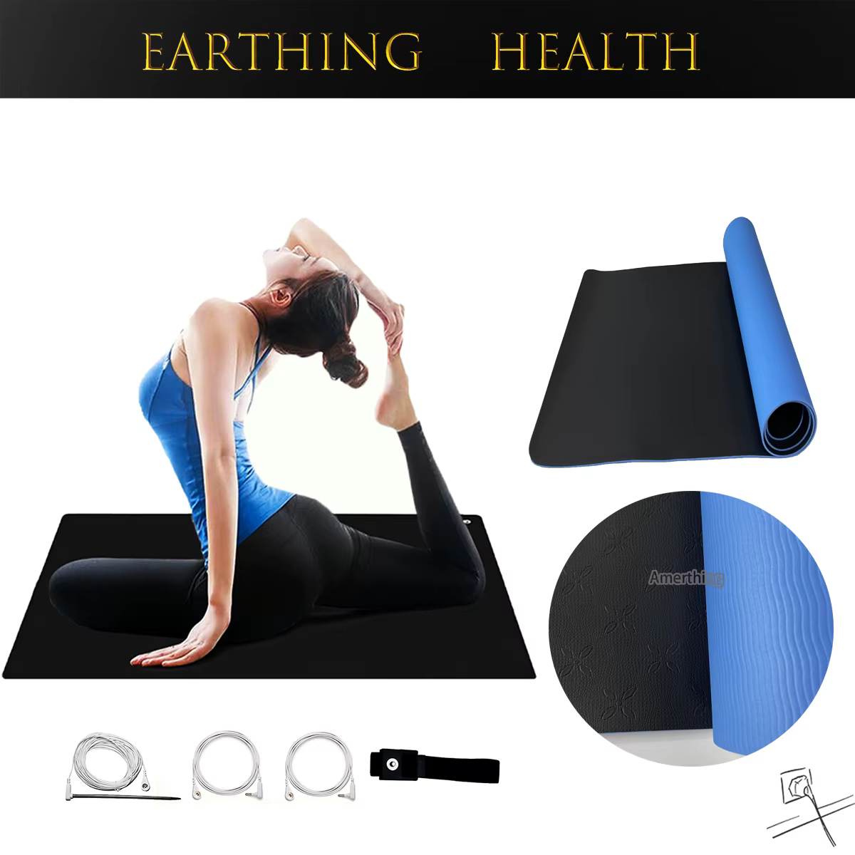 60x180 cm Earth Grounding Yoga Mat with Cord and Rod Conductive TPE Mats Anti-Skid Release EMF and ESD Health Therapy