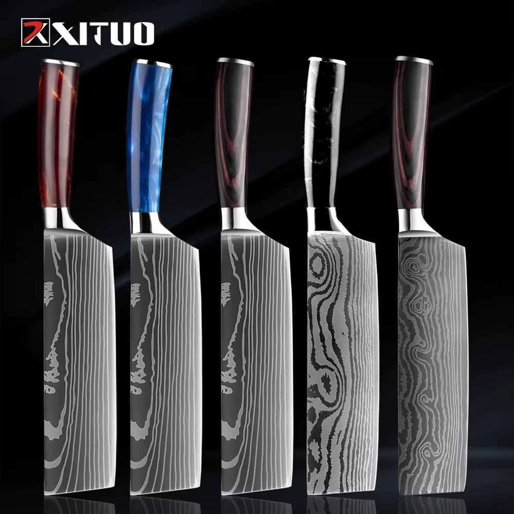 XITUO 7'' Japanese Slicing knife Kitchen Cleaver Santoku Chef knife Stainless Steel Damascus Pattern Nakiri Knives Cooking