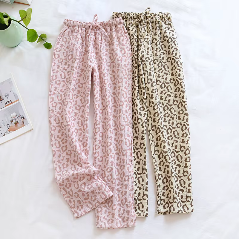 2025 spring and summer new ladies pants 100% cotton crepe leopard print pajamas sweat-absorbent breathable home pants trousers