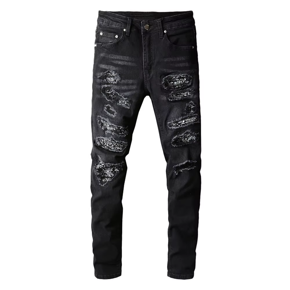 Men's Bandanna Paisley Printed Patchwork Stretch Jeans Streetwear Black Denim Pencil Pants Slim Skinny Ripped Trousers