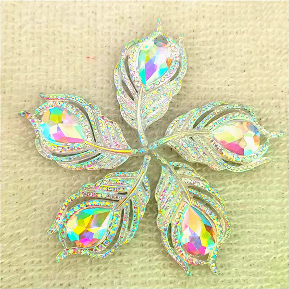 Hot 6PCS 20*38mm AB Resin 3D Peacock Feathers Flatback Rhinestone Wedding DIY Buttons