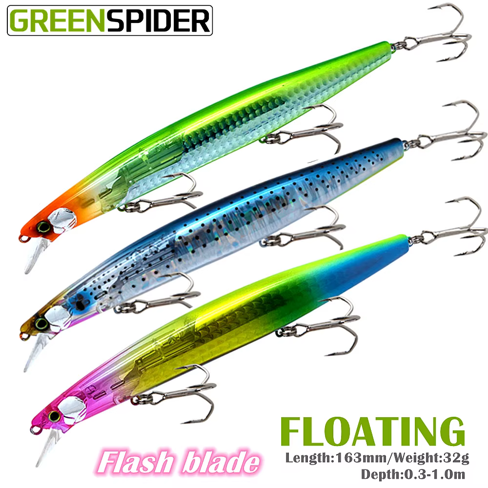 GREENSPIDER Long Flash Blade 16.3cm/32g Fishing Minnow Flash Lures  Floatng Sea Bass Lure Bait Hard Floating Wobblers Crankbait