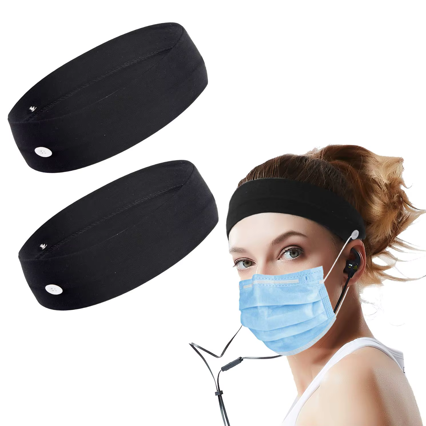 Sinland Mask Headband Relieve Ear Pain Headbands For Nurses Stretchable Headband With Button Mask 2 Pack Outdoor Sports