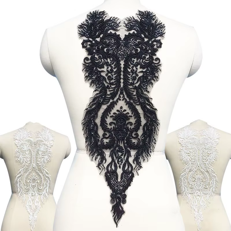 Black and White Silver Bead Applique Bridal Wedding Dress Flower Patch Embroidery Mesh Lace Accessories RS3003