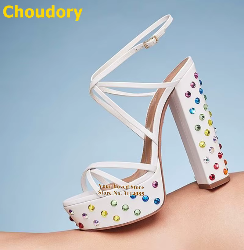 Choudory Multi-Color Bling Bling Crystal Sandals White Chunky Heels Platform Wedding Shoes Cross Strappy Rhinestone Dress Pumps