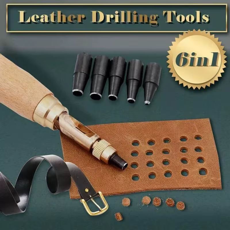DIY Leather Rotary Punch, Wood Handle Punch, Screw Hole Punch, Bookbinding Tools, 6 Tips Sizes