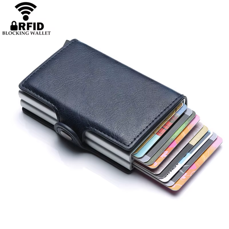 New Double Layers Anti RFID Men leather Credit Card Holder Metal ID Card Case Aluminium Card Protection Male Travel Wallet