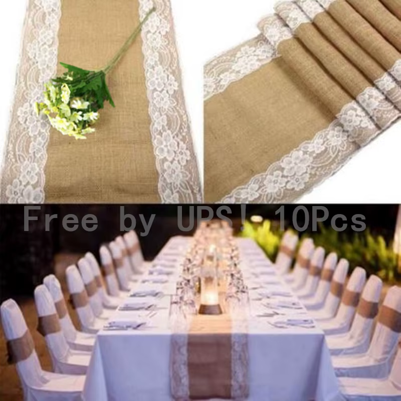 Free by UPS! 10Pcs * 30x275cm  Rustic Burlap Lace Hessian Line Table Runner Natural Jute For Party, Wedding Decoration   AA7922