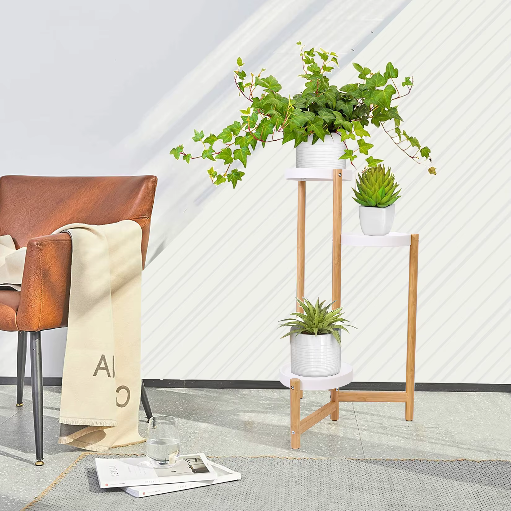 Bamboo Plant Stands Indoor, 3 Tier Tall Corner Plant Stand Holder & Plant Display Rack for Outdoor Garden