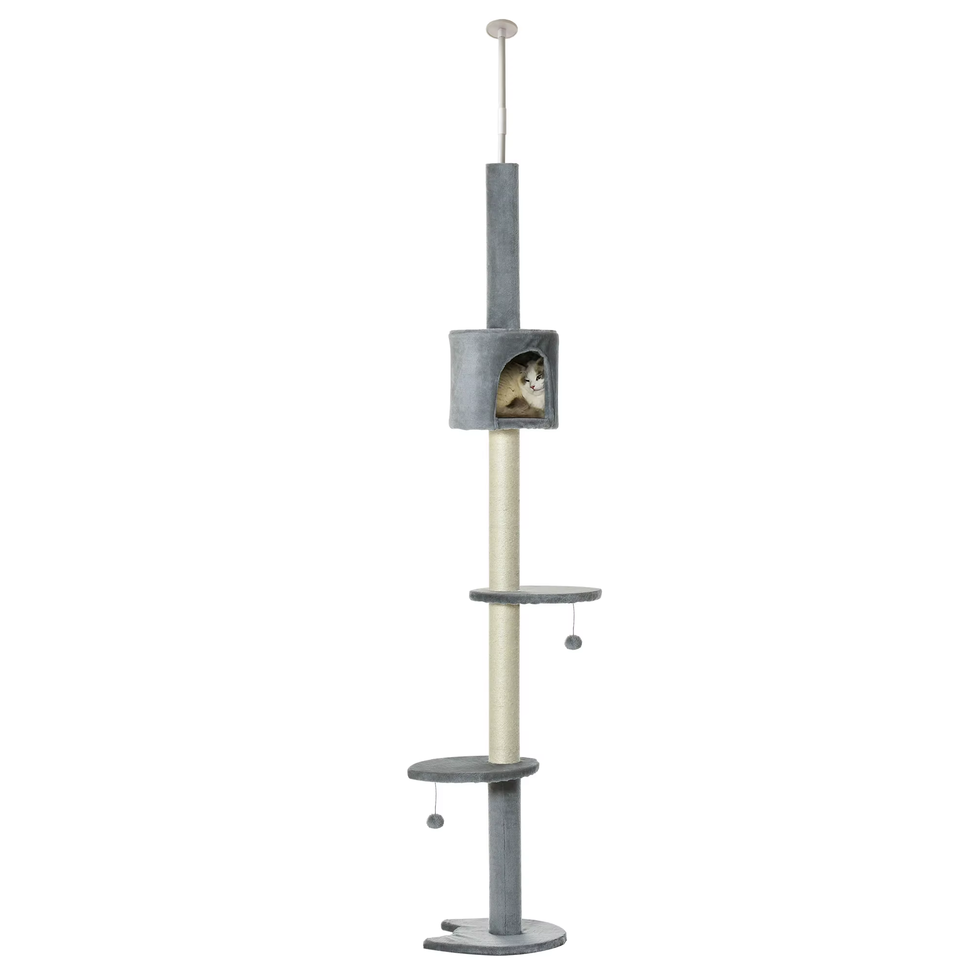 PawHut tree cat scraper for adjustable ceiling fixing 220-280 cm with platforms cave gray Sisal posts