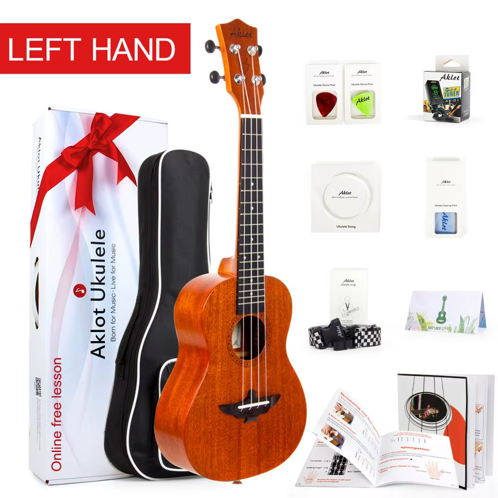 AKLOT Left Hand Ukulele Concert 23 Inch Solid Mahogany 12 fret 1:18 Copper Tuner w/ Case Strings Tuner Accessories for Beginner