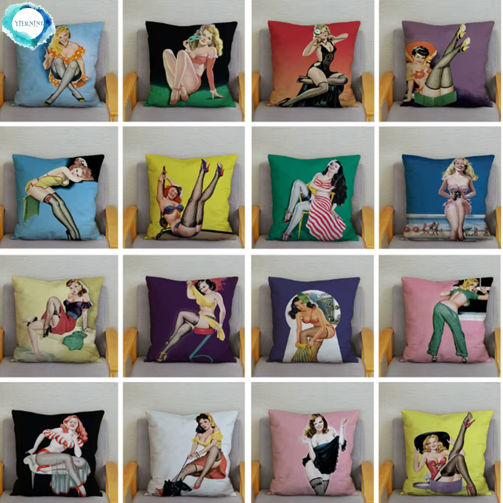 Vintage European Sexy Women Polyester Cushion Cover Sexy Lady Pattern Pillow Cover Decorative for Car Sofa Home 45x45cm