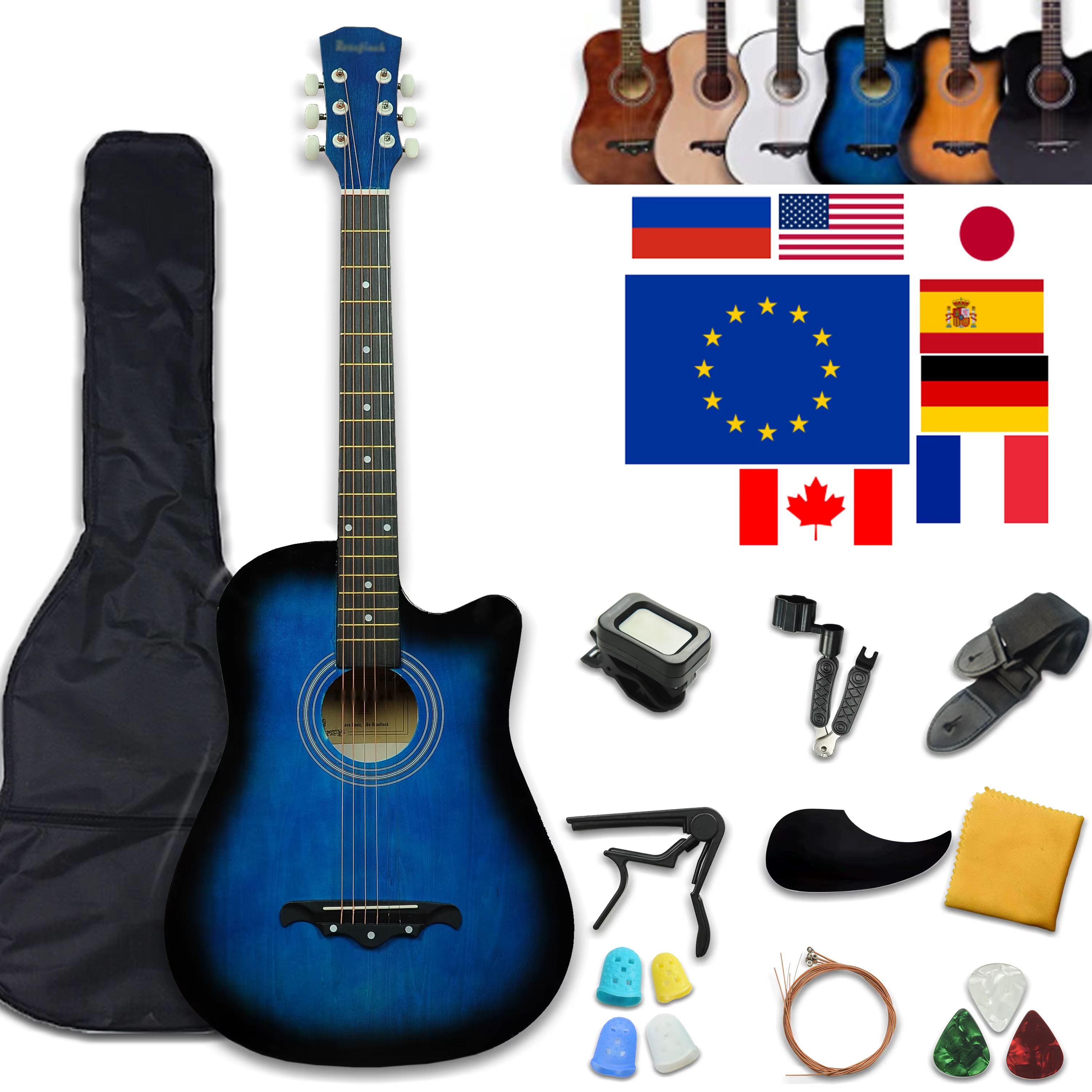 38 Inch Acoustic Guitar Folk Guitar for Beginners 6 Strings Basswood with Sets Black White Wood Brown Guitar RU Shipping AGT16A