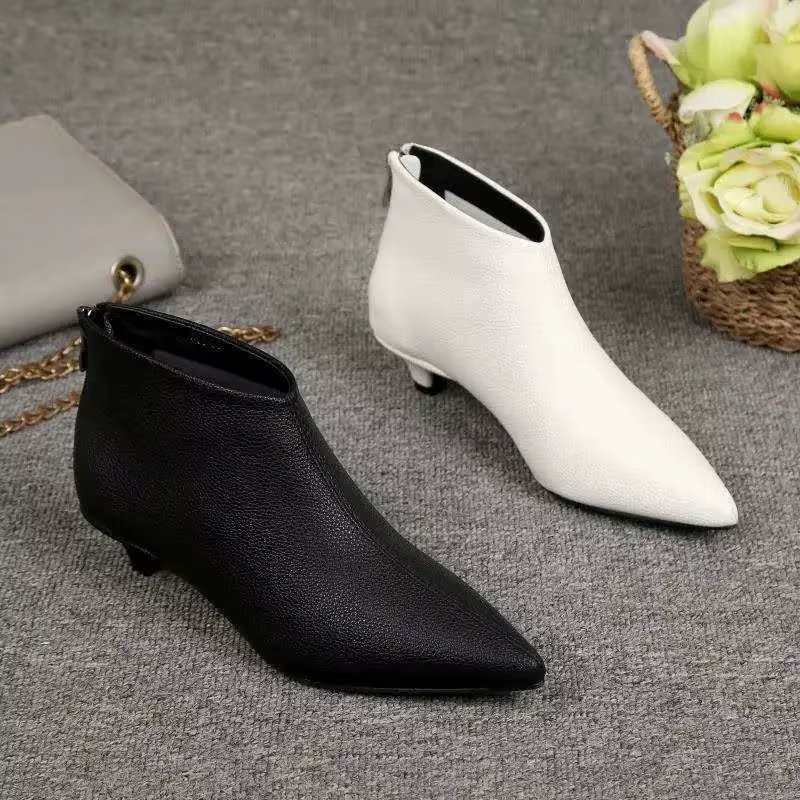 FHC Europea NEW Women Ankle Boots,Autumn/Winter Shoes,Naked Botas,Pointed Toe,Low Kitten Heel,Back Zip,WHITE,BLACK,Dropshipping
