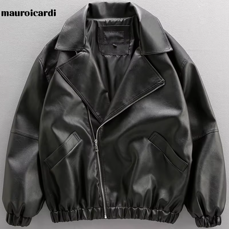 Mauroicardi Spring Autumn Oversized Black Waterproof Soft PU Leather Jacket Long Sleeve Zipper Casual Loose Korean Fashion 2022
