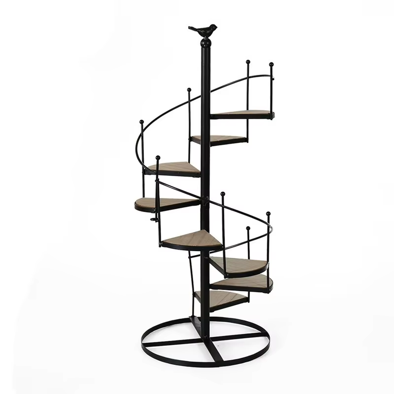 Modern Decorative Iron Plant Rack Stand Plants Succulent Shelf 8 Layer Stair Shape Desktop Garden Flower Stand + Wood Plate