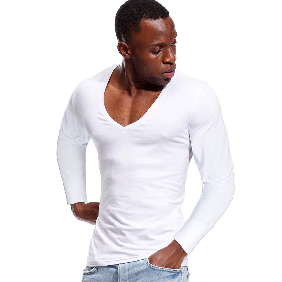 Deep V Neck Tshirt for Men Low Cut Wide Collar Top Tees Male Pure Cotton Slim Fit Long Sleeve  Men T Shirt