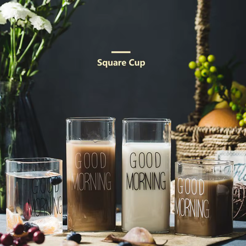 Creative Multifunctional Heat-resistant Square Mouth Transparent Letter Glass Breakfast Juice Milk Cup Coffee Cup Drinkware