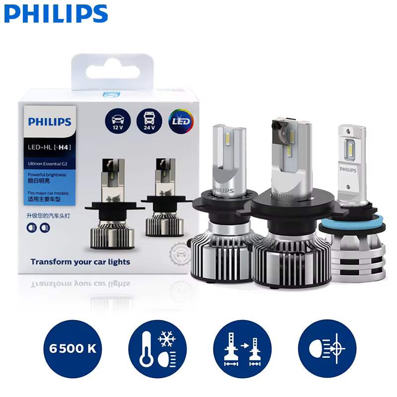 Philips LED H4 H7 H11 Ultinon Essential G2 H8 H16 HB3 HB4 9003 9005 9006 6500K White Car Upgrade Head Light LED Fog Lamps Pair