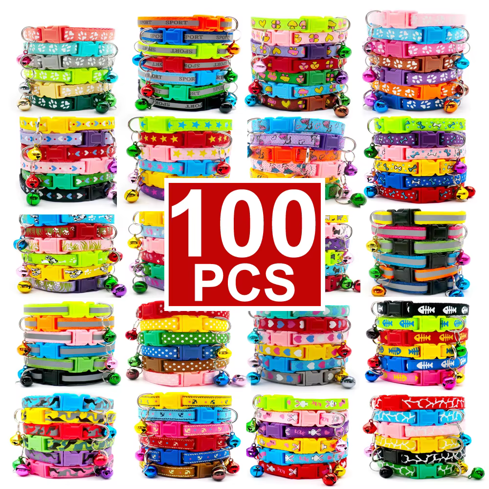 100Pcs Dog Collar With Bells Adjustable customize Necklace Puppy Kitten Collar Accessories Pet Shop Products Rabbit Neck Strap