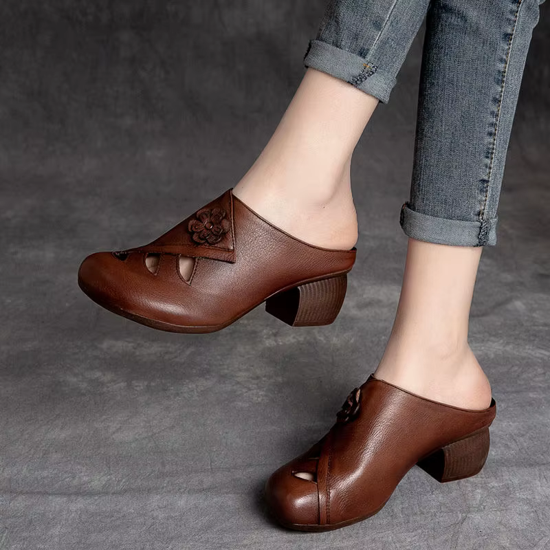 FHC Retro Style Hand Made Women Slippers,Soft Slides,Summer Shoes,Close Toe High Heels Slides,Hollow Out,Black,BROWN,Dropship