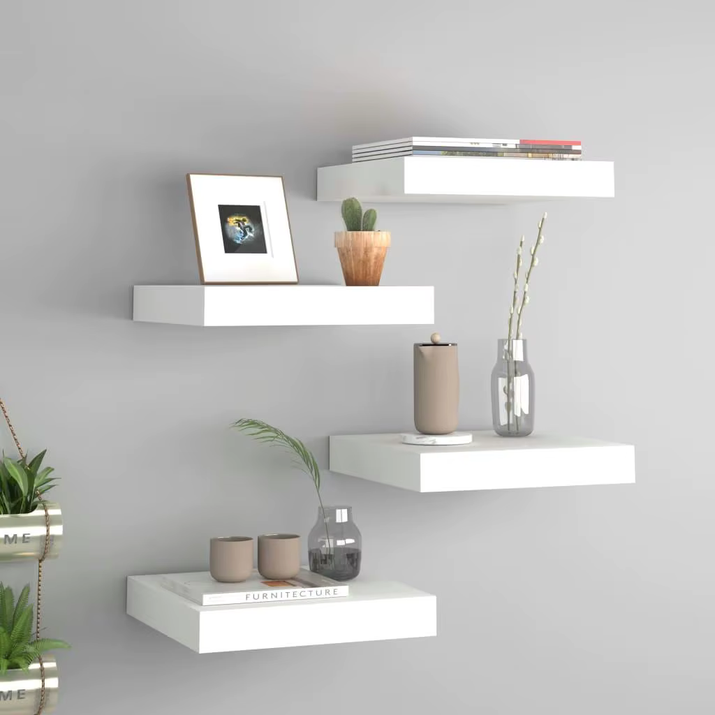 Set of 4 White Floating Wall Shelves - 23x23.5x3.8 cm MDF Storage Units
