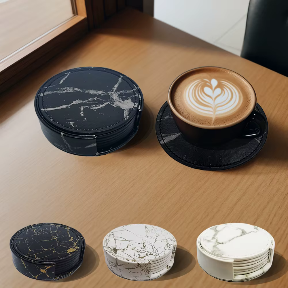 6 Pcs Artificial Leather Coasters Marble Style with Holder  Drink Coaster for Bar Kinds of Cup Kitchen Dining Table Decor