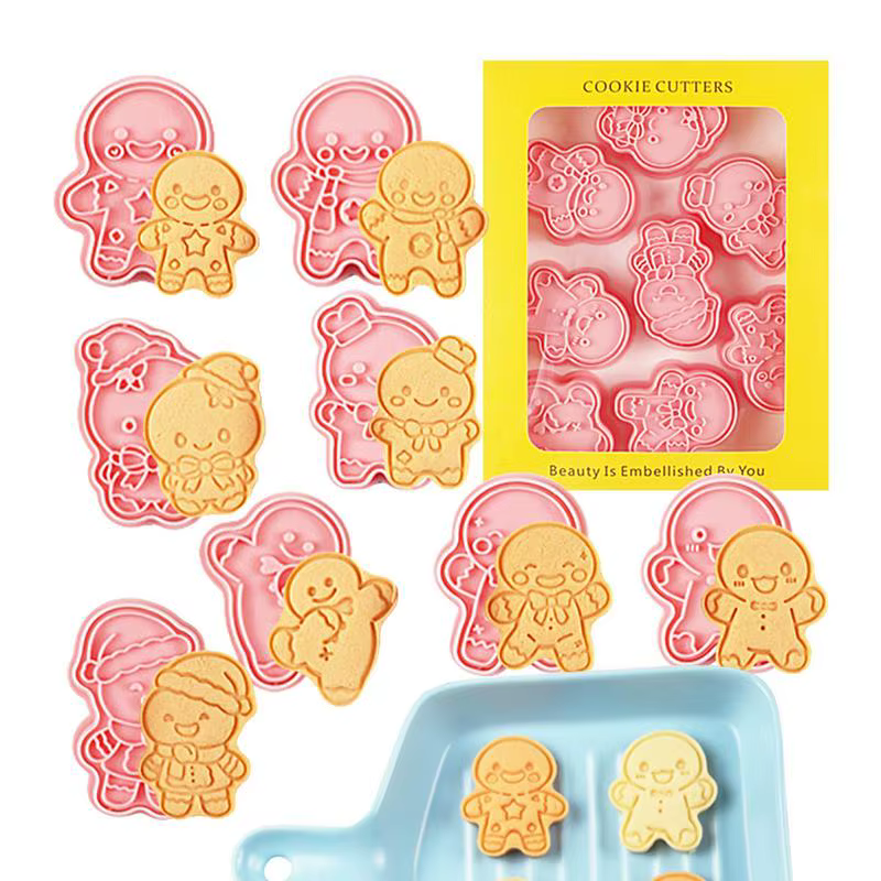 Gingerbread Cookie Cutters 8X Fondant Mould 3D Raised Christmas Gingerbread Cookie Stamps Cookie Molds For Frosting Decoration