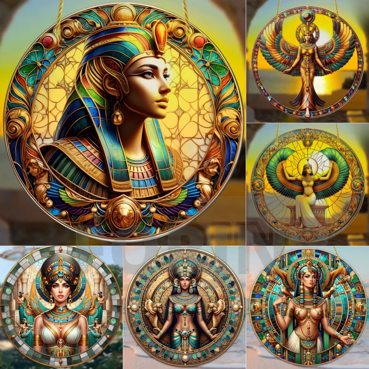 Ancient Egyptian Mythical Theme Isis&Bastet Goddess Acrylic round Sign,Pharaoh Mask&Anubis Art plate, Home,Room scene Wall Decor
