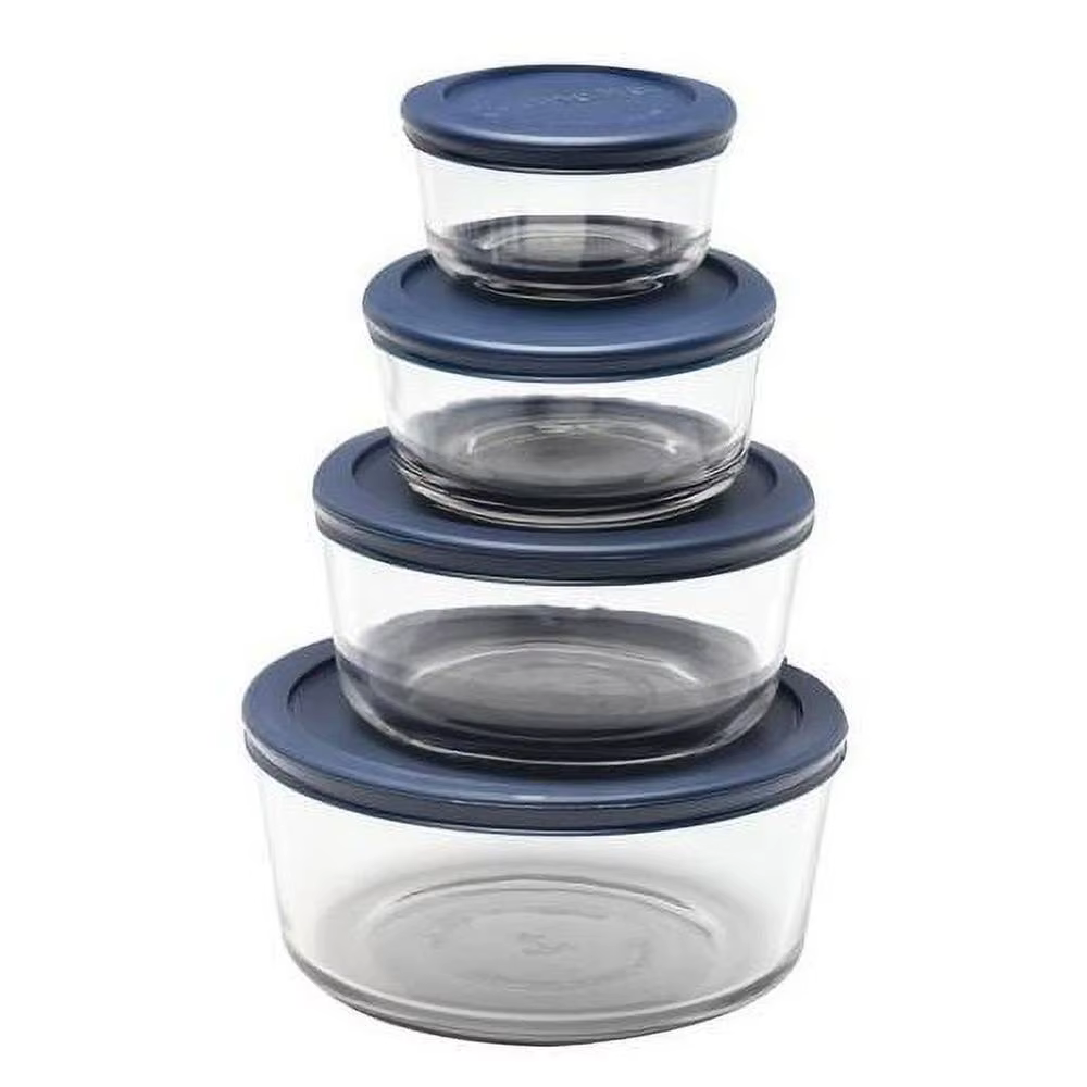 8-Piece Glass Food Storage Containers Set with Navy Lids Microwave Oven Freezer Safe BPA-Free Stackable Easy Storage Great Home