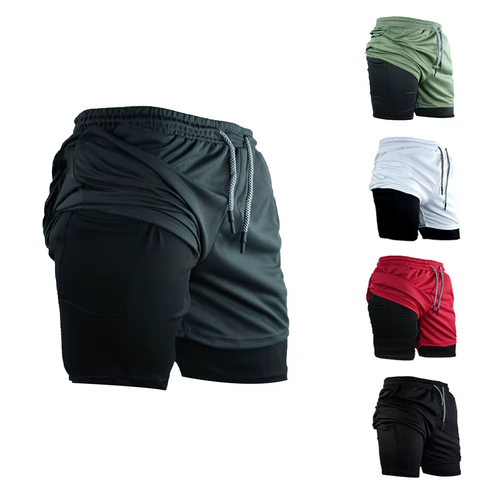Men's Double Layer Fitness Shorts Men Fitness Gym Training 2 in 1 Sports Shorts Quick Dry Workout Jogging Double Deck Summer
